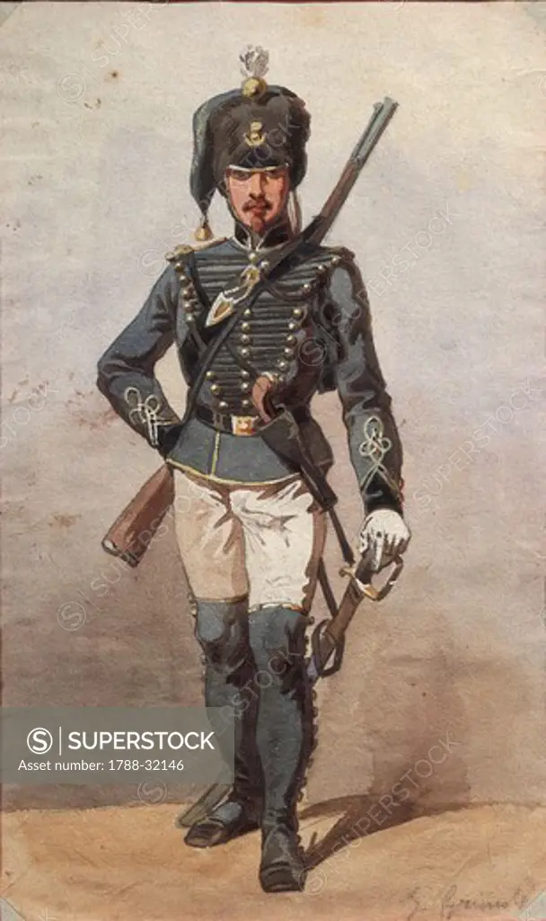 Militaria, Italy, 20th century. Study of uniforms. Drawing by Stanislao Grimaldi del Poggetto (1825-1903).