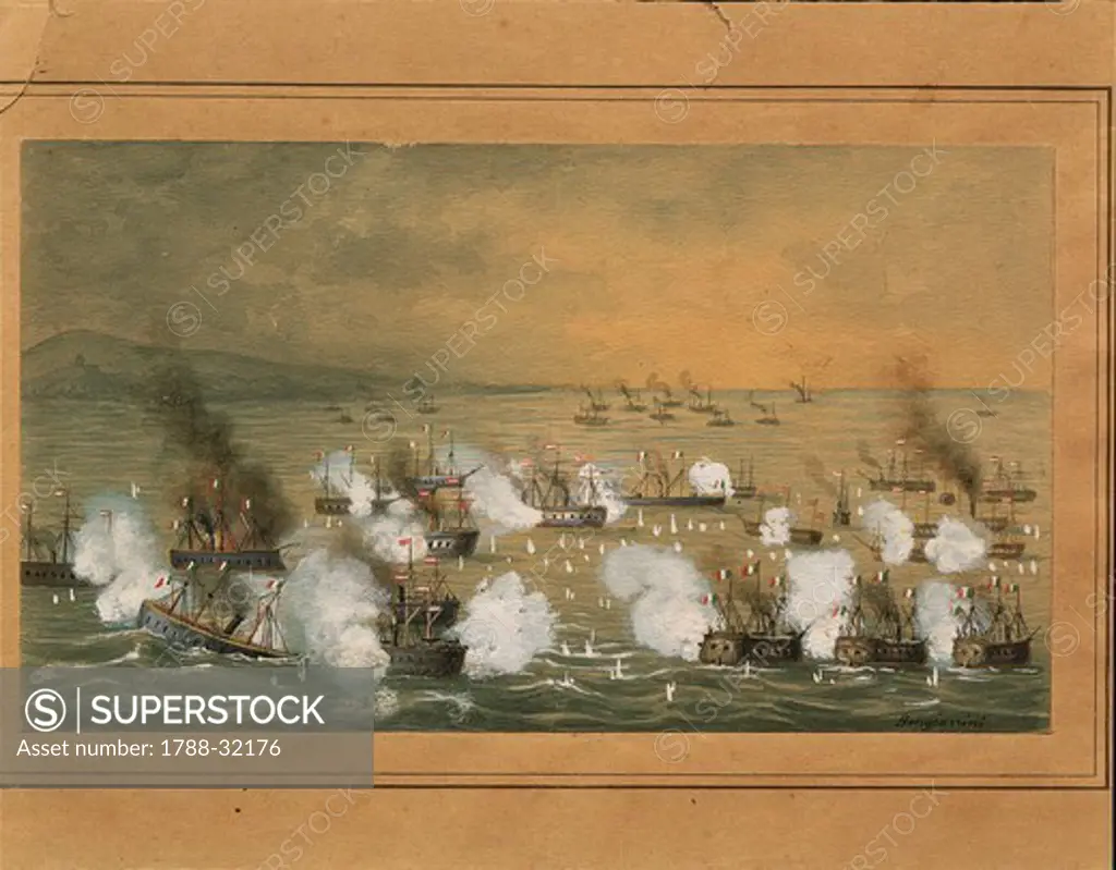 Croatia - 19th century, Third War of Independence - Naval Battle of Lissa between Italy and Austria. Watercolour by Bongianini 1866.