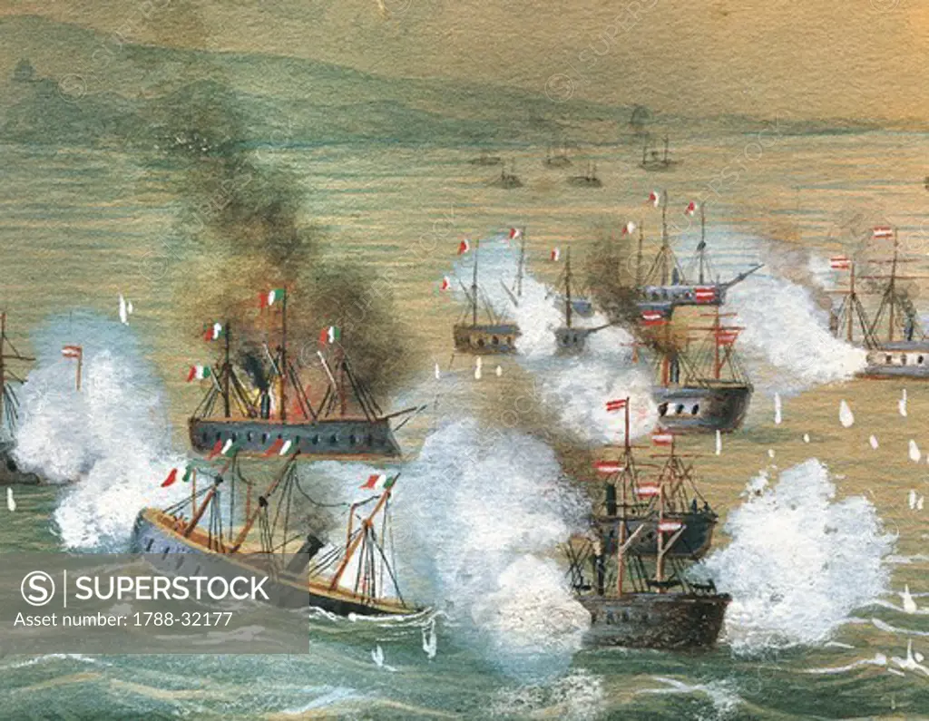 Croatia - 19th century, Third War of Independence - Naval Battle of Lissa between Italy and Austria. Detail of the battleship ""King of Italy"" which is sinking and the battleship ""Palestro"" in flames. Watercolour by Bongianini, 1866.