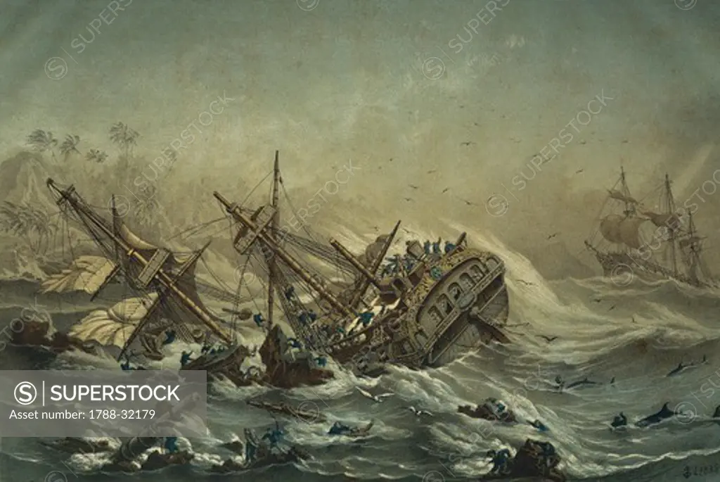 The Astrolabe sinking, 1785, coloured lithograph by Louis Lebreton from the Journey around the world of Jean Francois de Galaup comte de Laperouse.
