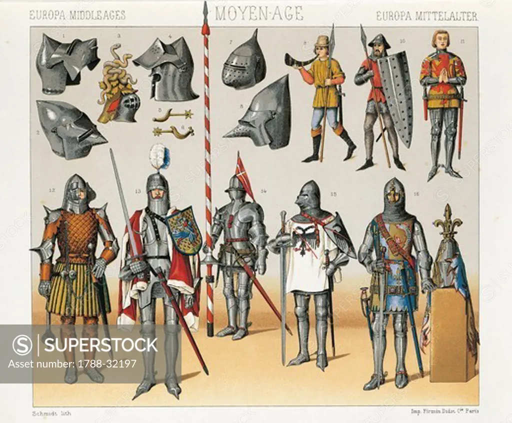 Auguste Racinet (1825-1893), Historic costumes (Le costume historique), Volume IV, 1888. France: war costumes between 14th and 15th century. Lithograph by Schmidt.