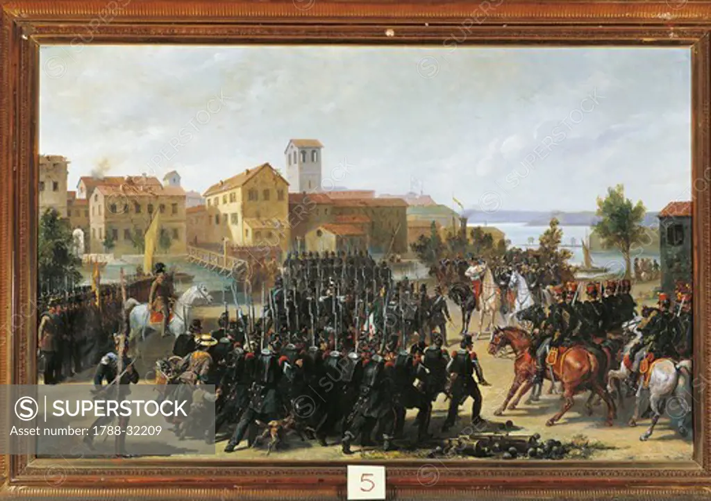Italy - 19th century, First War of Independence - The taking of  Peschiera, May 30, 1848. Painted by Luigi Morgari ( 1857 - 1935). Oil on canvas. 137X87