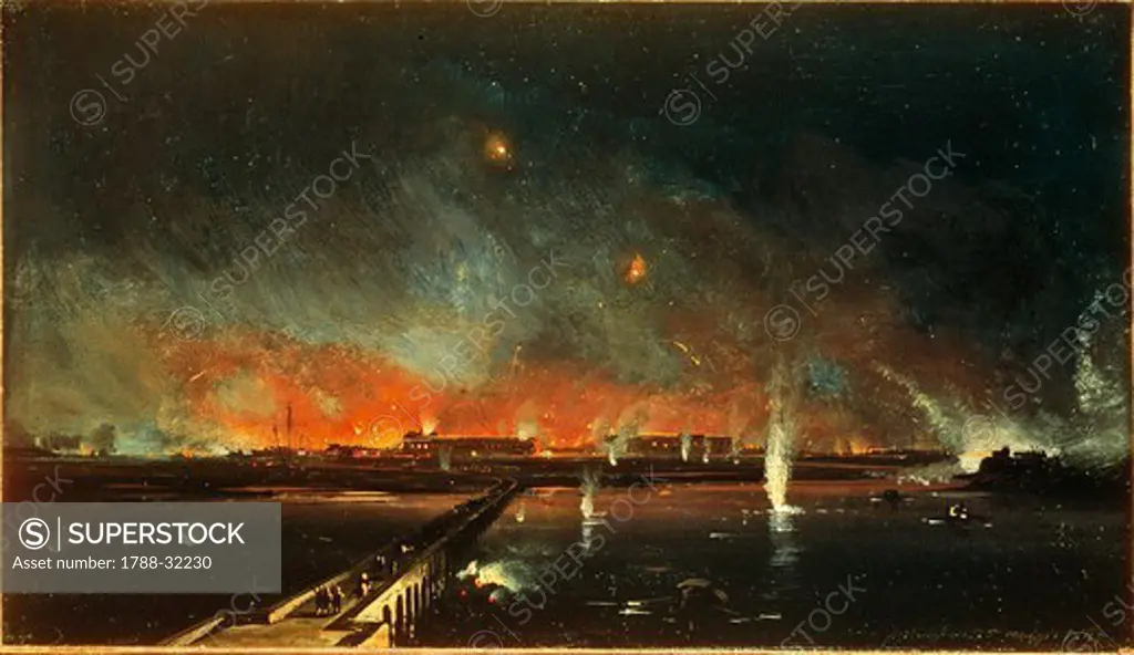 Italy - 19th century, First War of Independence -  Night time bombardment at Marghera, 24 May 1849. Painted by Ippolito Caffi (1809 - 1866). Oil on canvas.