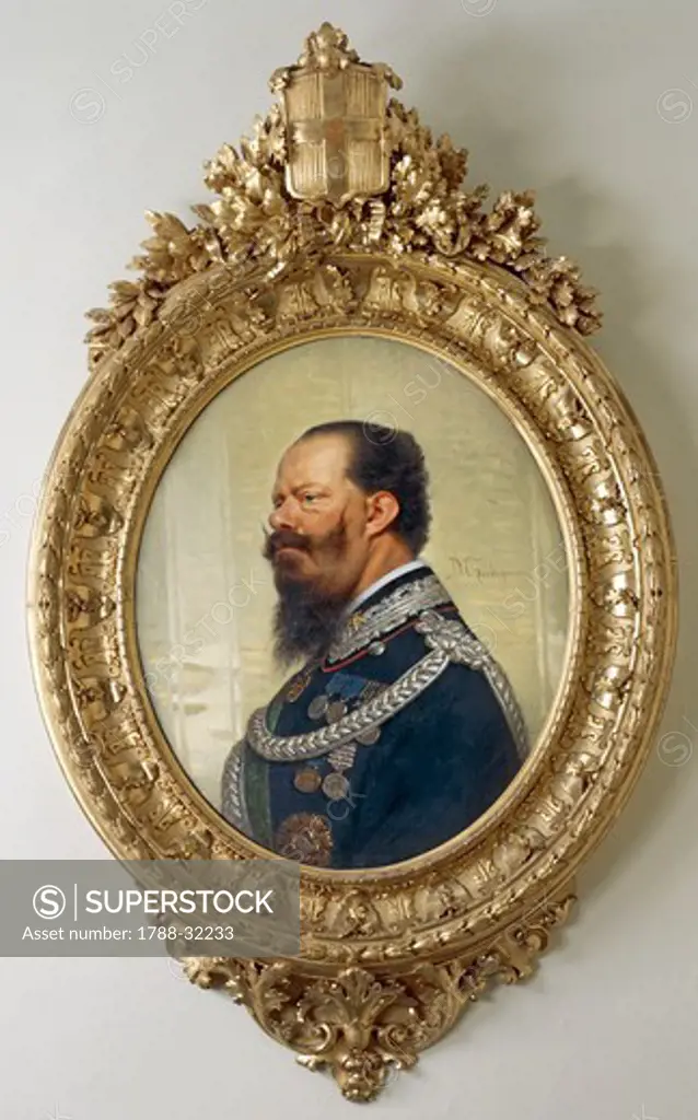 Portrait of Victor Emmanuel II (Turin 1820 - Rome 1878), Last King of Sardinia and First King of Italy. Painted by Michael Gordigiani (1835-1909), carved and gilded wooden frame by Angelo Chelonia.