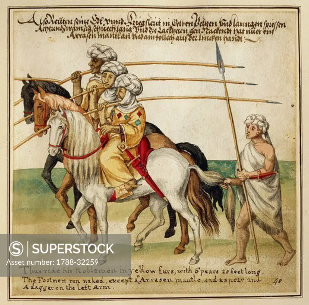 Militaria, Ottoman Empire, 18th century. Ottoman soldiers on horseback. Watercolored print, Newport, 1712.