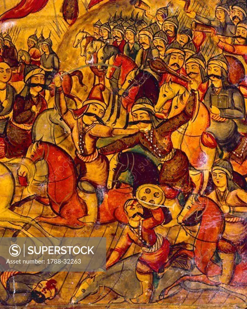 Indo-Persian Civilization, 18th century. Lac and cardboard cover with a fighting scene.