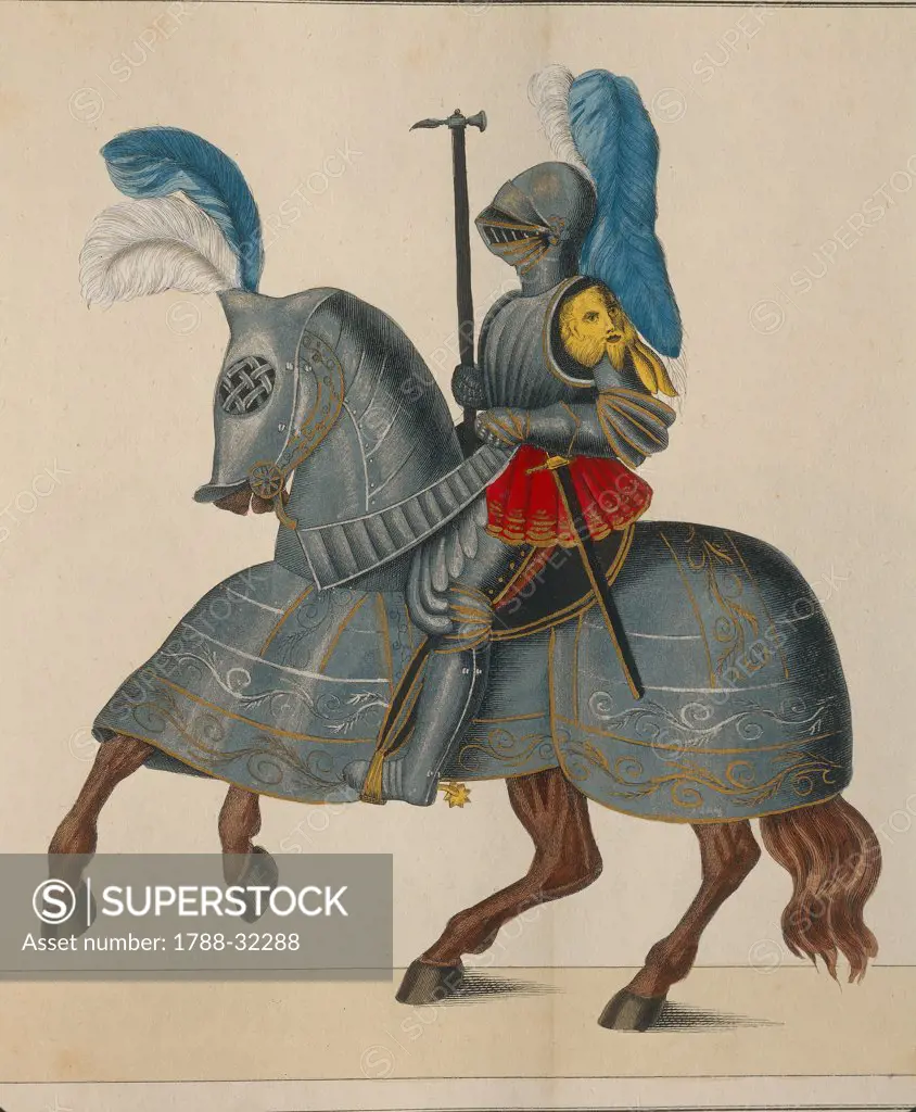 Militaria, Germany, 16th century. Cavalryman with tournement armour. Engraving by Franz Rottenkamp, Stuttgart, 1842.