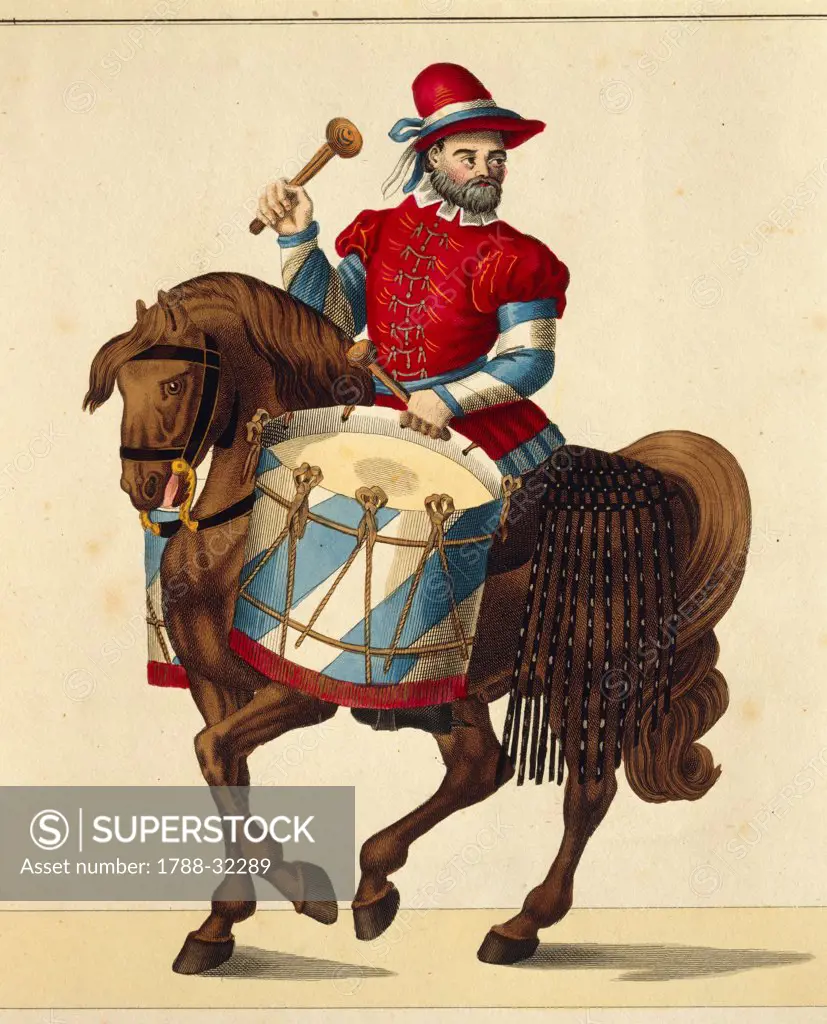 Militaria, Germany, 16th century. Drummer on horseback with Bavaria colors, in the suite of the cavalrymen during the tournements. Engraving by Franz Rottenkamp, Stuttgart, 1842.