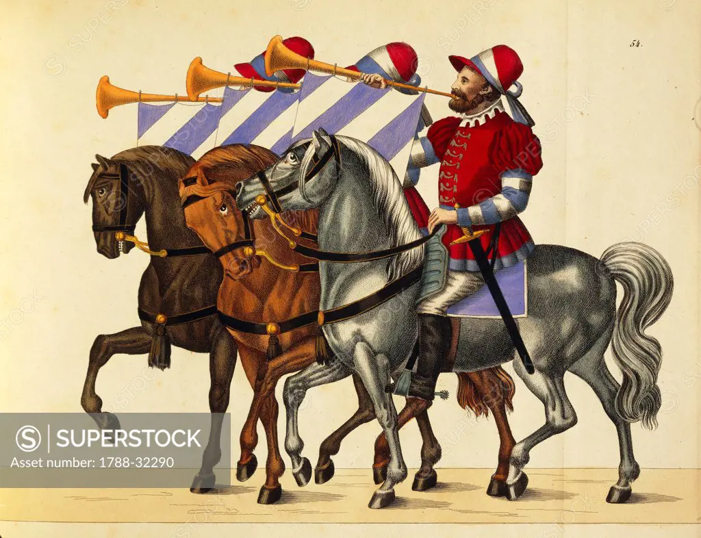 Militaria, Germany, 16th century. Trumpeters on horseback with Bavaria colors, in the suite of the cavalrymen during the tournements. Engraving by Franz Rottenkamp, Stuttgart, 1842.