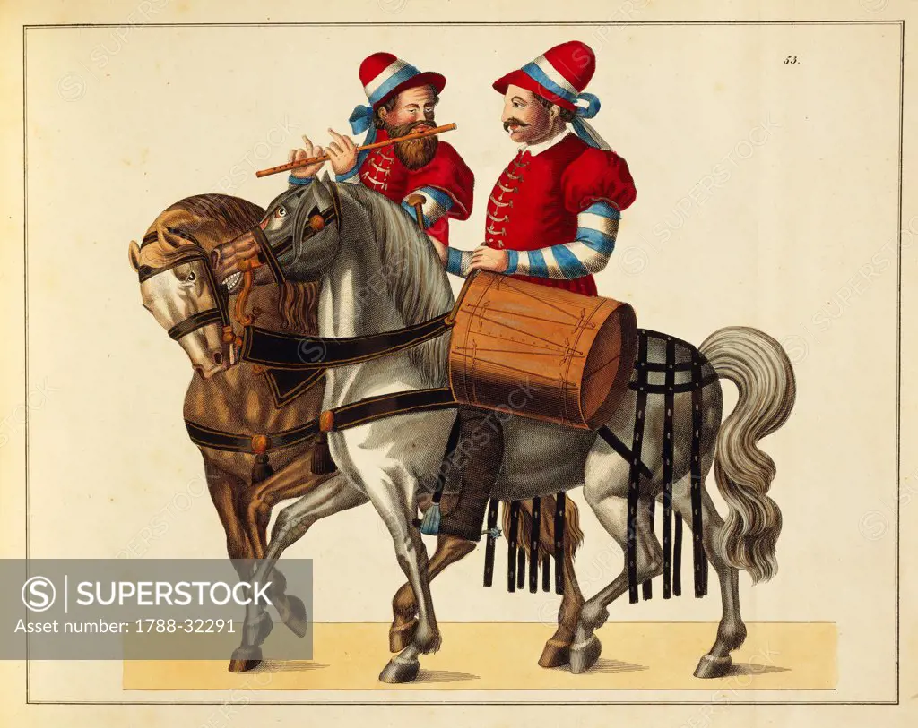 Militaria, Germany, 16th century. Flute player and drummer on horseback with Bavaria colors, in the suite of the cavalrymen during the tournements. Engraving by Franz Rottenkamp, Stuttgart, 1842.