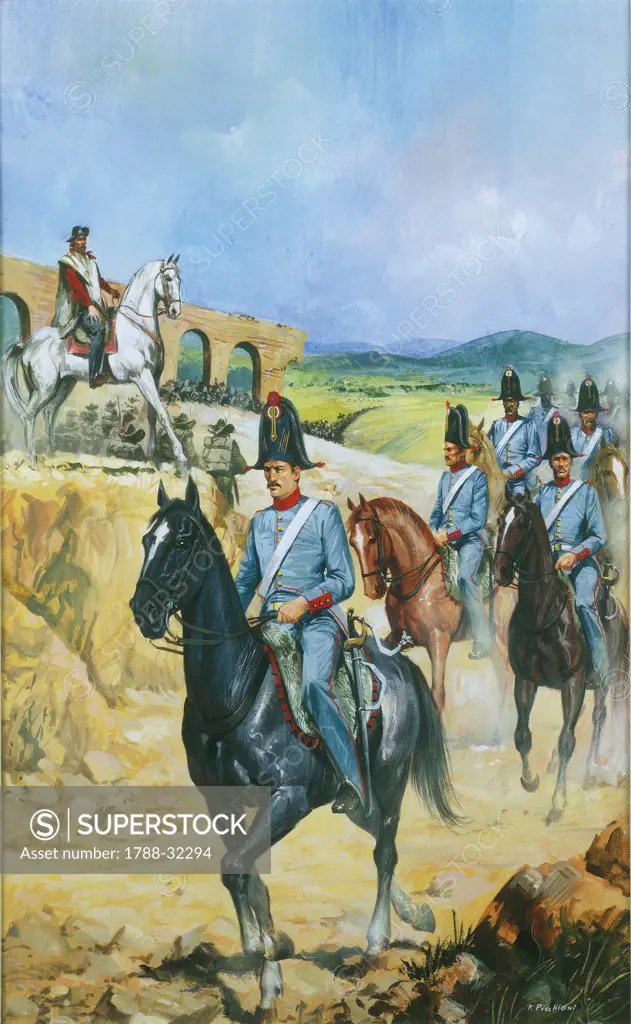 Italy, 19th century. Papal tax officers on horseback escorting Garibaldi out of Rome in 1849, after the fall of the Roman Republic. Painted by Franco Picchioni.