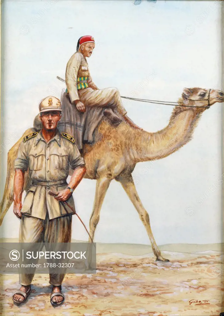 Militaria, Italy, 20th century. Soldier of the Guardia di Finanza Corps and camel-driver askari in Libia, 1942. Illustration.