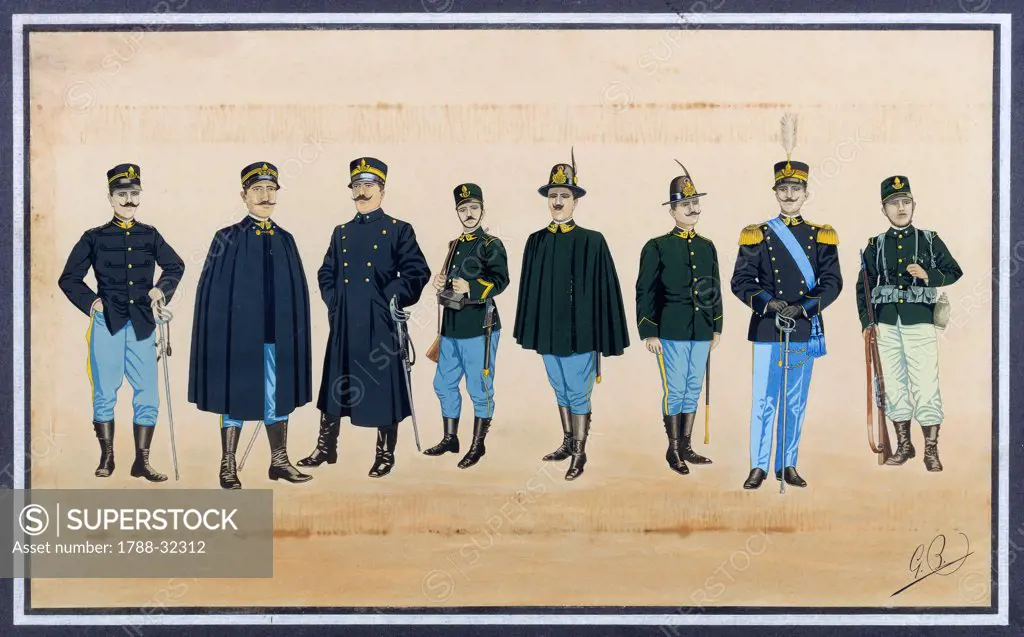 Militaria, Italy, 19th century. Uniforms of the Guardia di Finanza Corps, approximately 1885. Drawing.