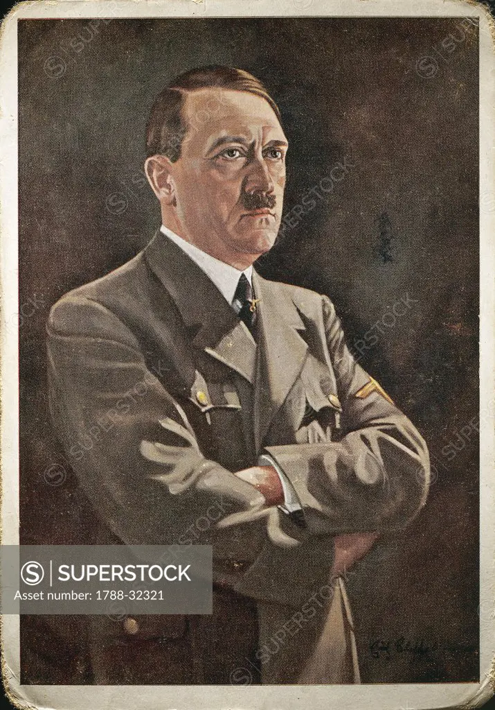Germany - 20th century - Nazism - Portrait of Adolf Hitler (politician; 1889-1945) - Propagandistic postcard - Rovereto (Italy) - Historical Museum of the War