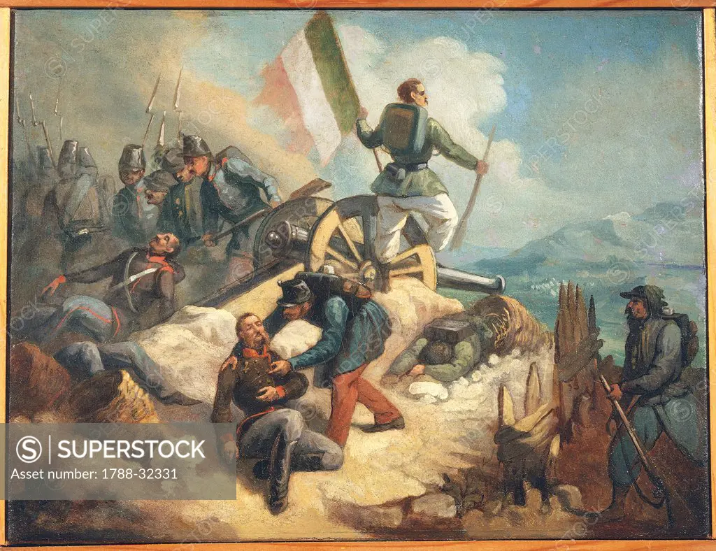 Italy - 19th century, Second War of Independence - Italians win a battery Austro-Hungarian. 19th century oil painting by unknown artist.