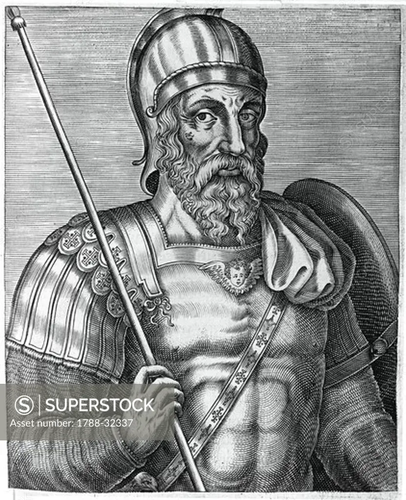 France - 11th century. Godfrey of Bouillon (1060-1100), a medieval knight and leader of the First Crusade from 1096 until his death. After the fall of Jerusalem in 1099, Godfrey became the first ruler of the Kingdom of Jerusalem. Engraving on copper (end of the 16th century)