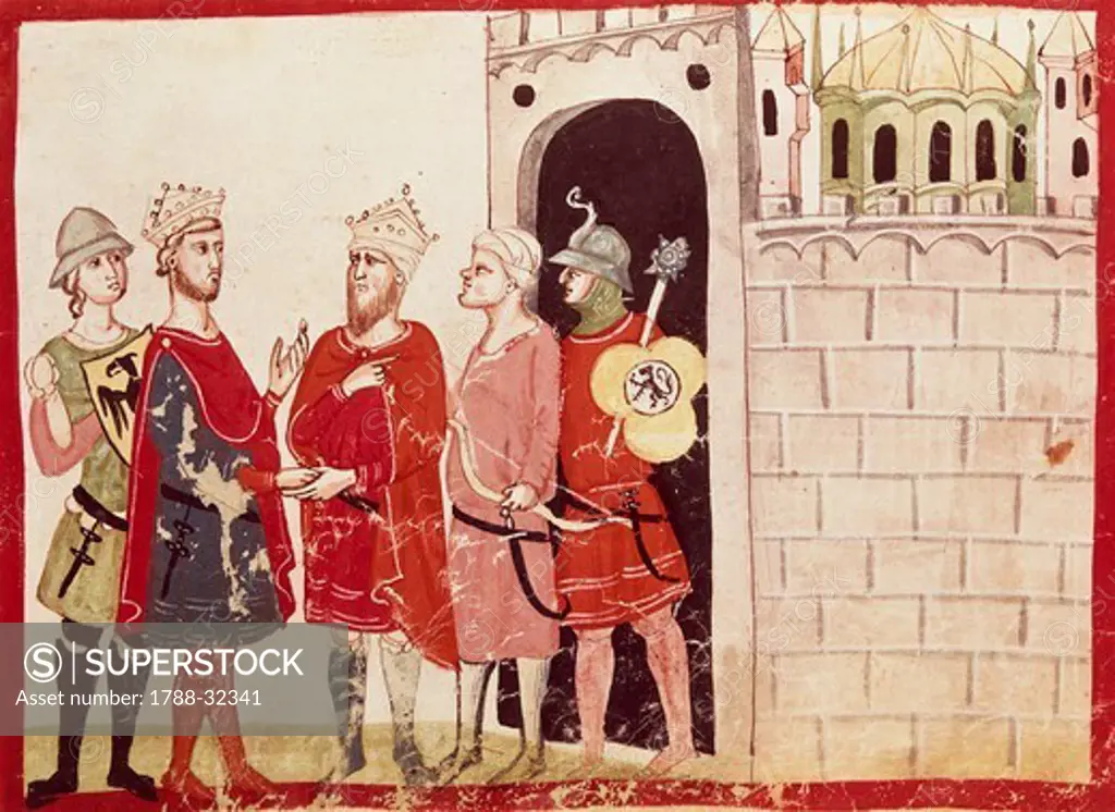 Federico II reaching an agreement with the Sultan of Jerusalem, miniature from the Chronicles of Giovanni Villani, manuscript, Italy 14th Century.