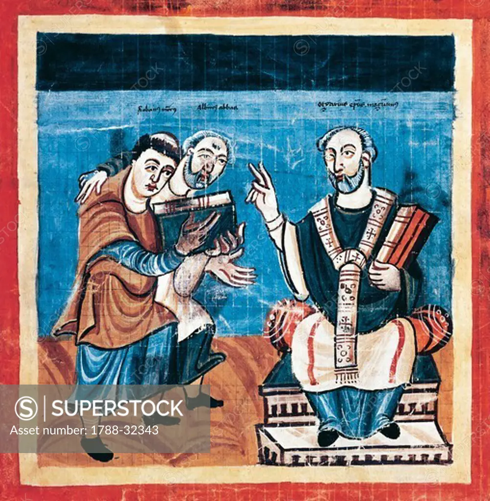 Bishop Otgar of Mainz with Alcuin of York being introduced to his pupil Rabano Mauro, who dedicates the symbols on his sword to the Bishop, miniature from the Fuldense manuscript, 9th Century.