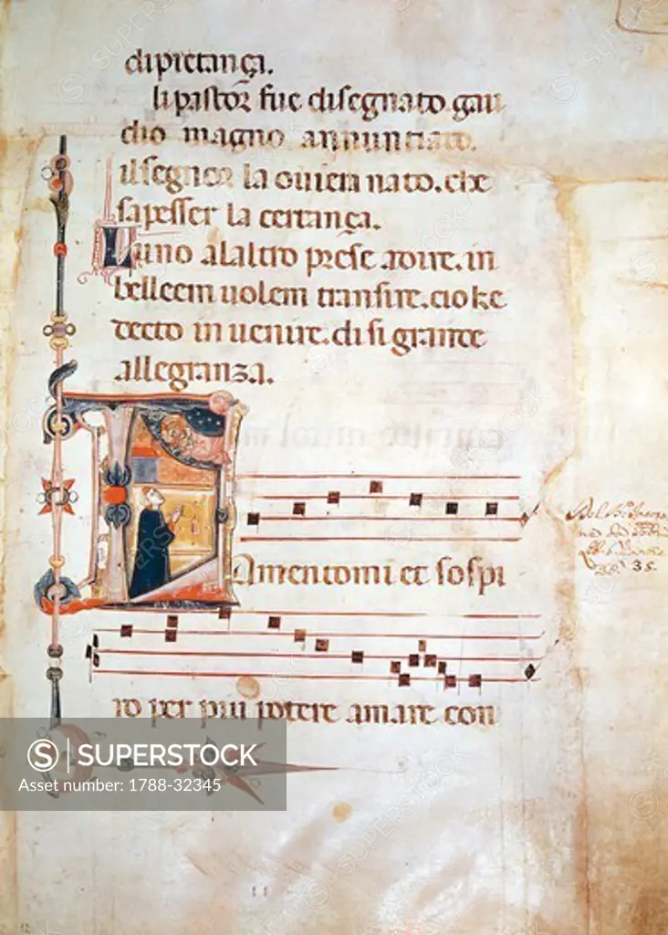 Illuminated pages from Lauda by Jacopone of Todi, manuscript, 8th Century.