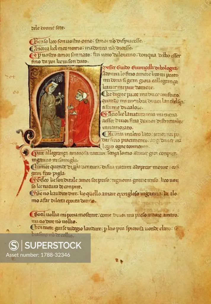 Illuminated page from the Canzone by Guido Guinizzelli, page of the Codex Br 217c Palat 418, Italy 13th Century.