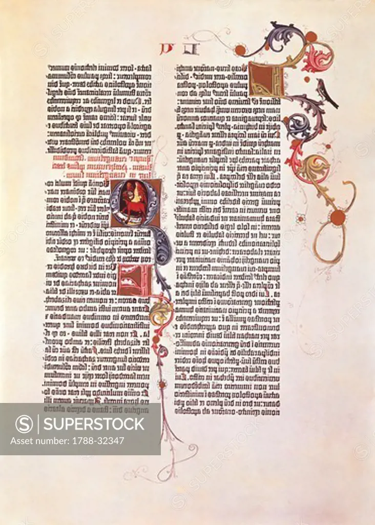 Page from the Bible for 42 lines or Mazarina, printed by Johan Gutenberg 15th Century.