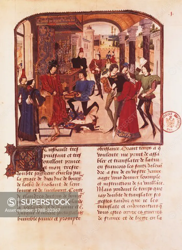 Vasco da Lucerna presenting his history of Alexander to Charles the Bold, miniature by Liedet Loyset (1470), manuscript, France 15th Century.