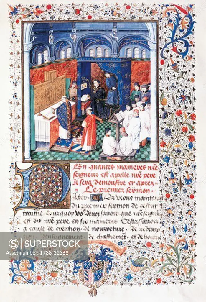 Philip the Good listening to a mass sung by the choir of Burgundy, miniature from the Treaty on Sunday Prayer, manuscript folio 9 recto, The Netherlands 15th Century.