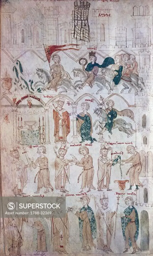 Henry VI Hohenstaufen entering Rome and his crowning as emperor by Pope Celestine III, miniature from Liber ad honorem Augusti (Book in honour of the Emperor) by Peter of Eboli, manuscript code 120 folio 105, Italy 7th -8th Century.