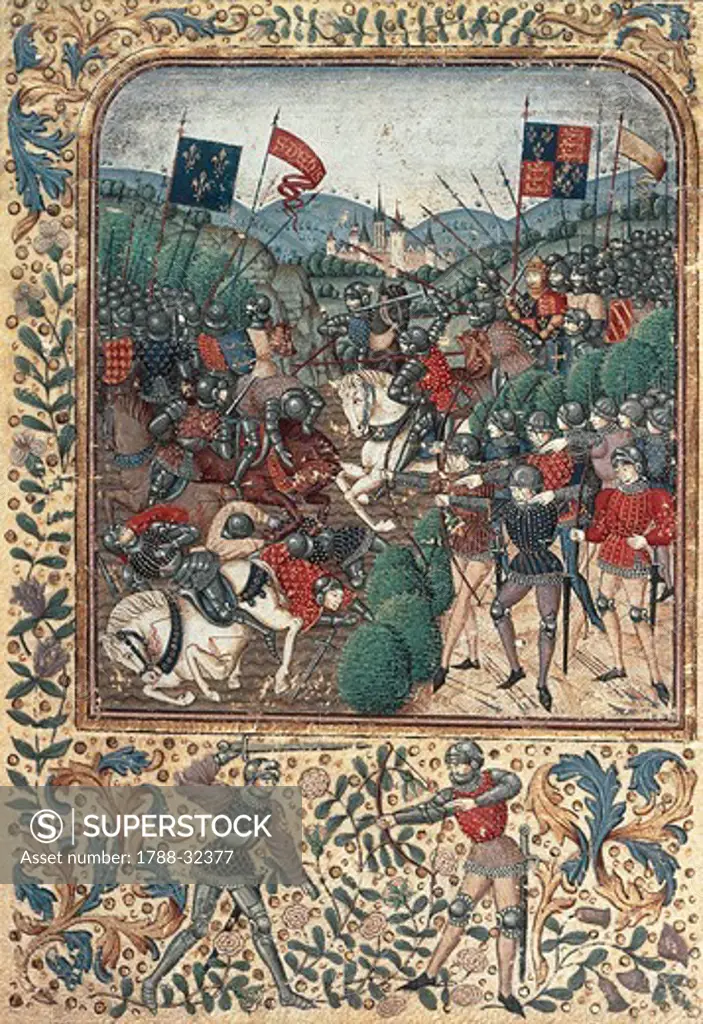 The Battle of Agincourt during the The Hundred Years War (1415), miniature from a manuscript, England 15th Century.