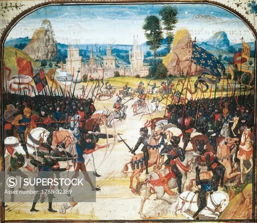 The Battle of Poitiers, miniature from a manuscript, France 15th century.