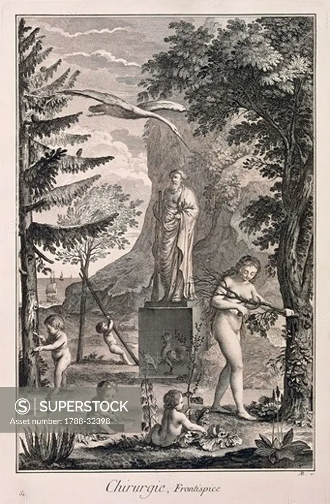 Plate showing allegory of surgery, frontispiece. Engraving from Denis Diderot, Jean Baptiste Le Rond d'Alembert, L'Encyclopedie, 1751-1757. Entitled Chirurgie (Surgery).