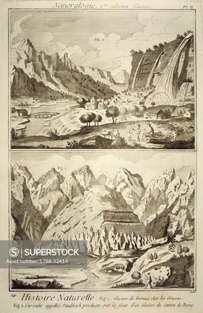Plate showing Glacier of Bernina and Staubbach Cascade produced by the melting of a glacier of the Canton of Bern. Engraving from Denis Diderot, Jean Baptiste Le Rond d'Alembert, L'Encyclopedie, 1751-1757. Entitled Histoire Naturelle, Mineralogie (Natural History, Mineralogy).