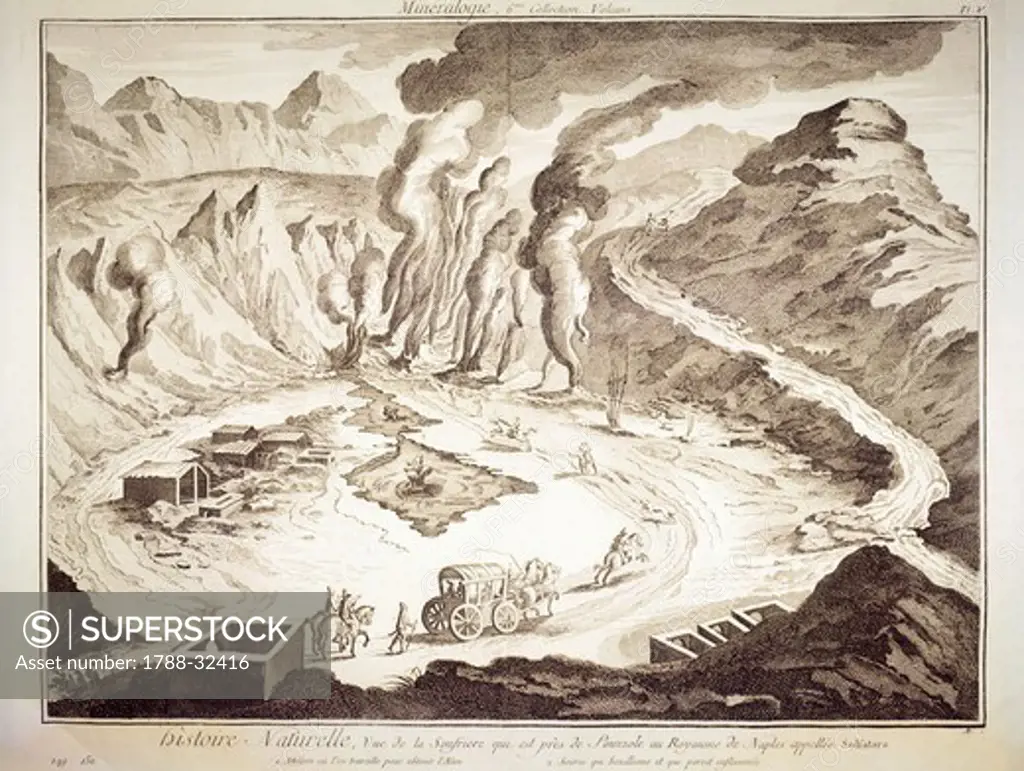 Plate showing Pozzuoli Solfatara, near Naples. Engraving from Denis Diderot, Jean Baptiste Le Rond d'Alembert, L'Encyclopedie, 1751-1757. Entitled Histoire Naturelle, Regne mineral series (Natural History, Mineral Kingdom).