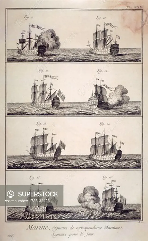 Plate showing nautical signals of correspondence: day signals. Engraving from Denis Diderot, Jean Baptiste Le Rond d'Alembert, L'Encyclopedie, 1751-1757. Entitled Marine (Sailing).