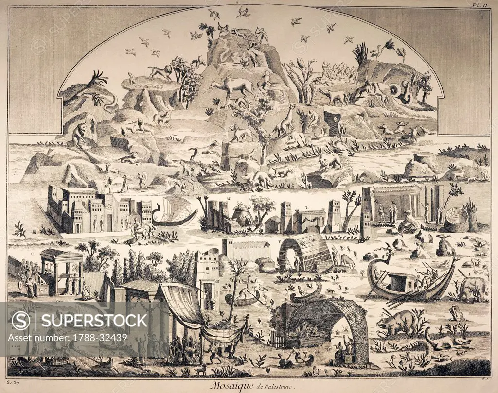 Plate showing the mosaic found in Palestrina, depicting the course of the river Nile overflowing in Upper Nile toward Mediterranean. Engraving from Denis Diderot, Jean Baptiste Le Rond d'Alembert, L'Encyclopedie, 1751-1757. Entitled Mosaique (Mosaics).