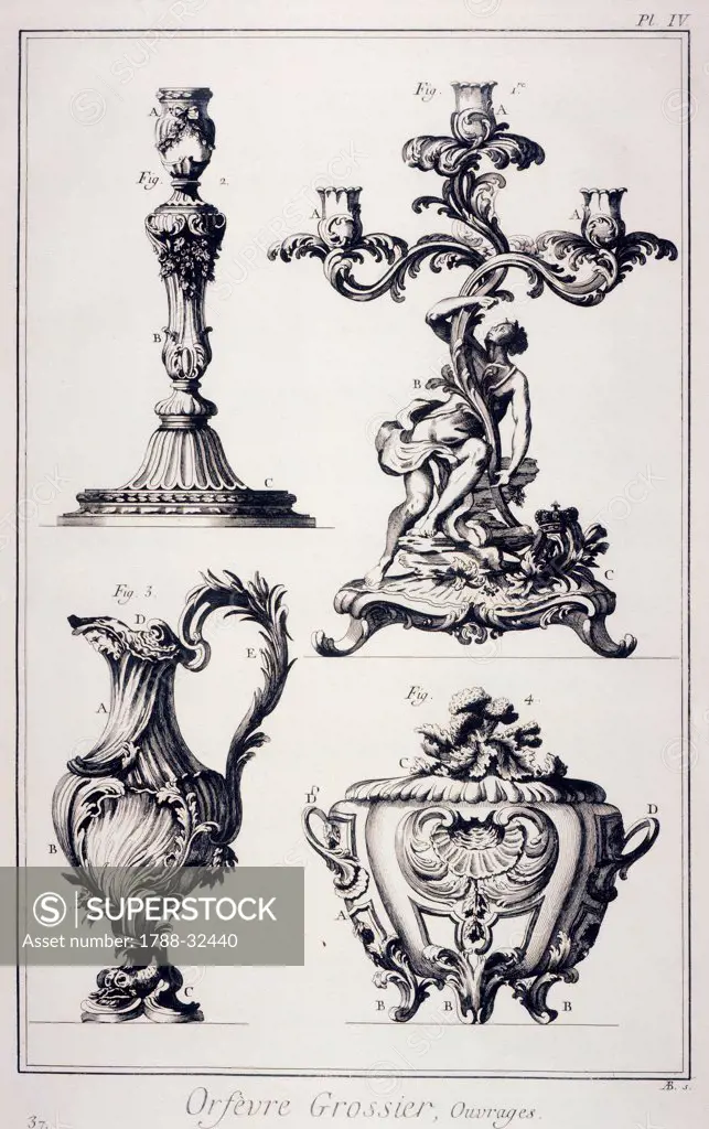 Plate showing candlestick, candelabrum, ampulla or bishop's cruet and tureen. Engraving from Denis Diderot, Jean Baptiste Le Rond d'Alembert, L'Encyclopedie, 1751-1757. Entitled Orfvre grossier (Goldsmith's or Silversmith's pieces).