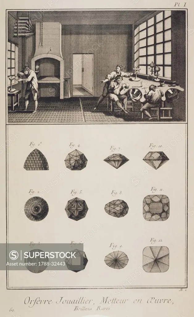 Plate showing goldsmiths at work and rare gemstones. Engraving from Denis Diderot, Jean Baptiste Le Rond d'Alembert, L'Encyclopedie, 1751-1757. Entitled Orfevre Jouallier, metter en oeuvre (Gemstone goldsmith, gem mounting).