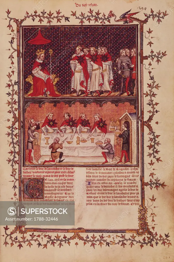 John the Good (Jean le Bon) creating the Order of the Star, miniature from the Great Chronicles of France manuscript, France 15th Century.