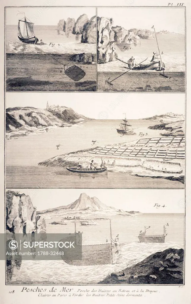 Plate showing oyster fishing. Engraving from Denis Diderot, Jean Baptiste Le Rond d'Alembert, L'Encyclopedie, 1751-1757. Entitled Pesches de mer (Sea fishing).