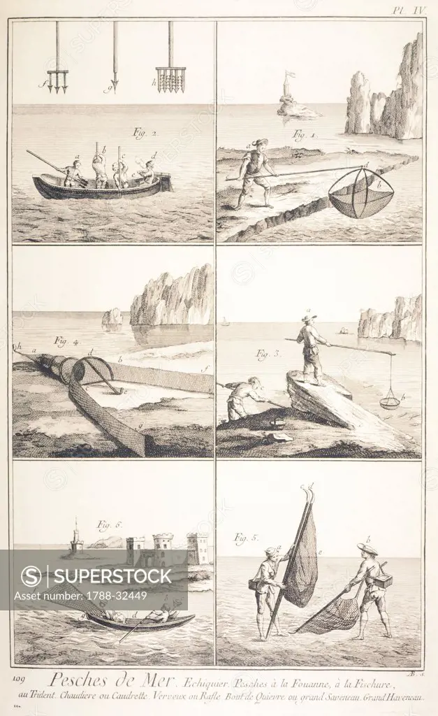 Plate showing sea fishing using different instruments. Engraving from Denis Diderot, Jean Baptiste Le Rond d'Alembert, L'Encyclopedie, 1751-1757. Entitled Pesches de mer (Sea fishing).