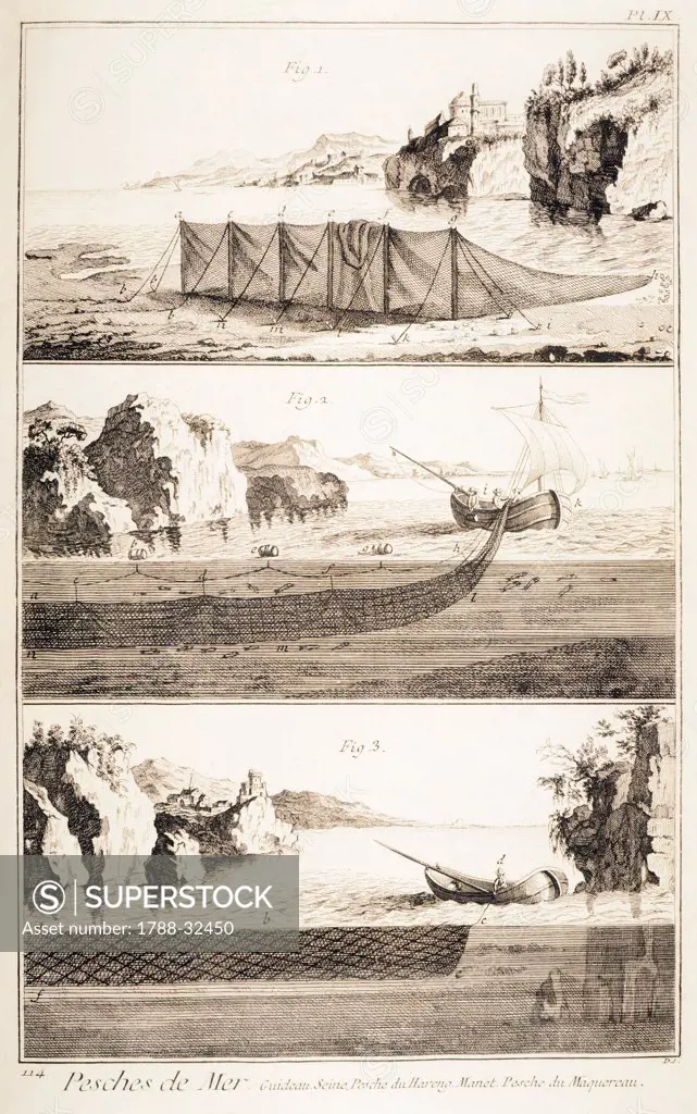 Plate showing fishing with large nets. Engraving from Denis Diderot, Jean Baptiste Le Rond d'Alembert, L'Encyclopedie, 1751-1757. Entitled Pesches de mer (Sea fishing).
