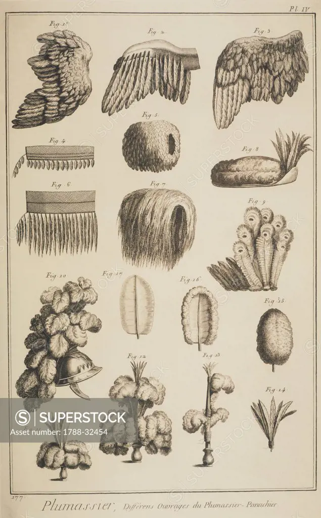 Plate showing various feather creations: first series. Engraving from Denis Diderot, Jean Baptiste Le Rond d'Alembert, L'Encyclopedie, 1751-1757. Entitled Plumassier Panachier (Feather Trader).