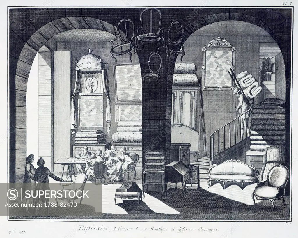 Plate showing the interior of an upholstery shop. Engraving from Denis Diderot, Jean Baptiste Le Rond d'Alembert, L'Encyclopedie, 1751-1757. Entitled Tapissier (Upholsterer).