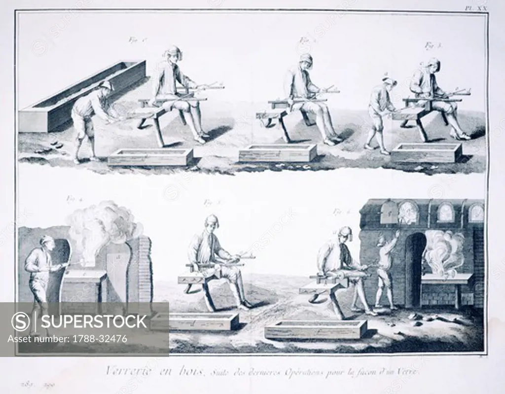 Plate showing last stages in the creation of glass. Engraving from Denis Diderot, Jean Baptiste Le Rond d'Alembert, L'Encyclopedie, 1751-1757. Entitled Verrerie en bois (Forest Glass Making).