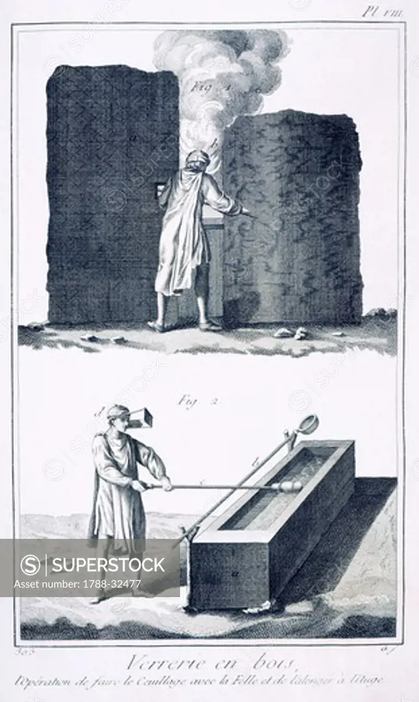 Plate showing stages of creation of glass. Engraving from Denis Diderot, Jean Baptiste Le Rond d'Alembert, L'Encyclopedie, 1751-1757. Entitled Verrerie en bois (Forest Glass Making).