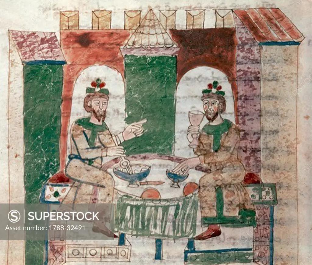 The Lord's table, miniature from De universo by Rabano Mauro, manuscript, Italy 11th Century.