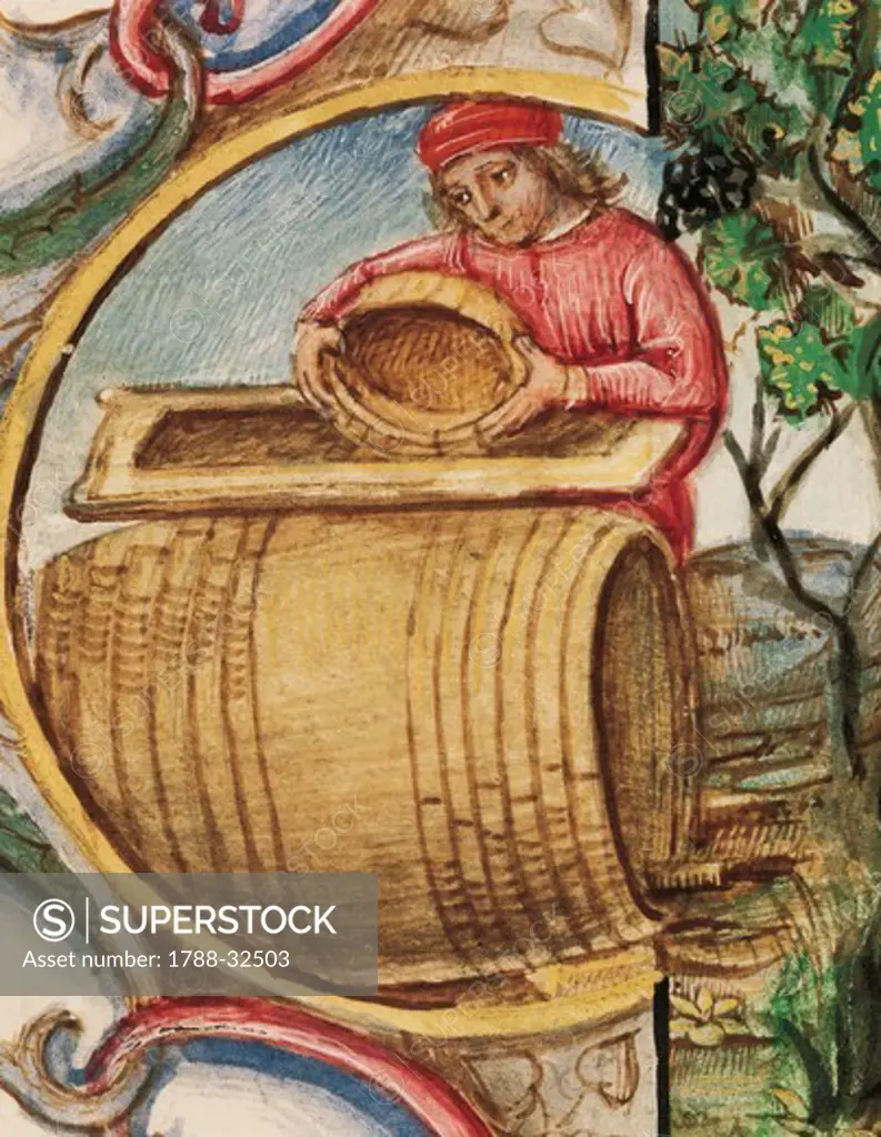 Wine Pouring, miniature from The Naturalis Historia by Pliny the Elder, Italy 16th Century.
