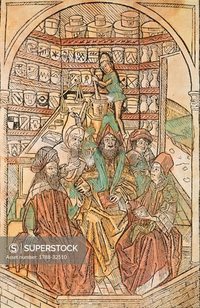 A herbalist's shop, miniature from an incunabulum published in Augsburg in 1488, Germany 15th Century.