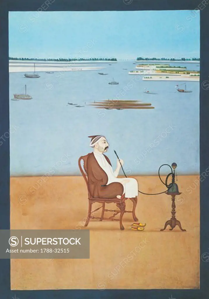An Indian gentleman smoking a hookah whilst sitting on a Queen Anne-style chair, India 18th Century.