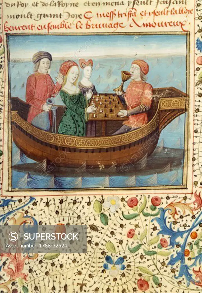 Lancelot and Guinevere playing chess, miniature from King Arthur and the Knights of the Round Table, manuscript, France 15th Century.